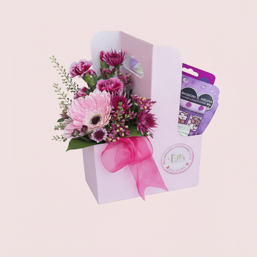 Cajita Regalo Sorpresa con flores rosadas y moradas