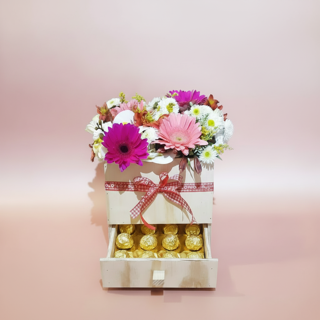 Cofre Primaveral con flores coloridas y chocolates - fondo rosado