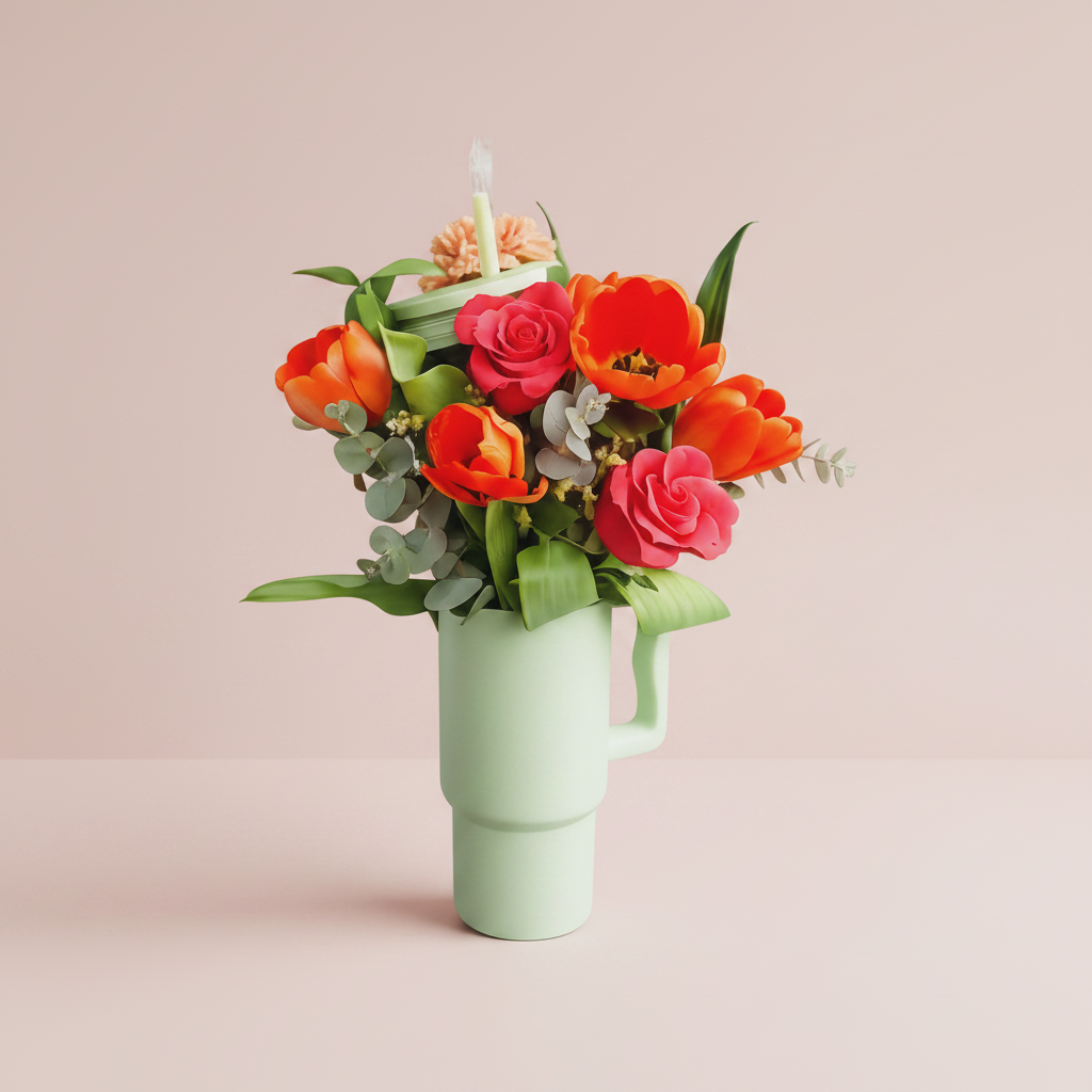 Telmo Romance - tulipanes naranjas y rosas fucsia en termo verde menta