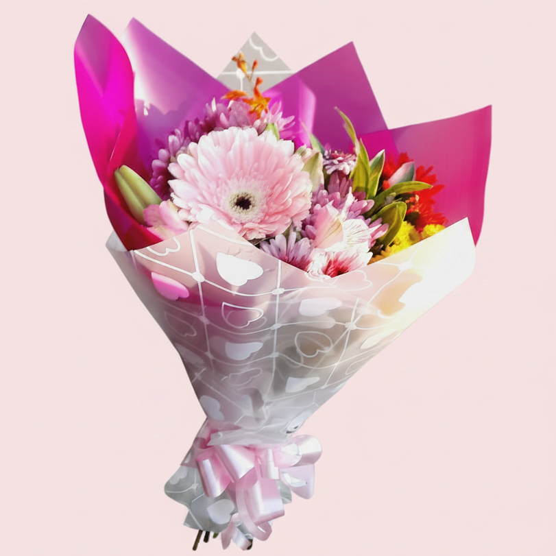 Ramo de flores colorido sin brazo con fondo rosado