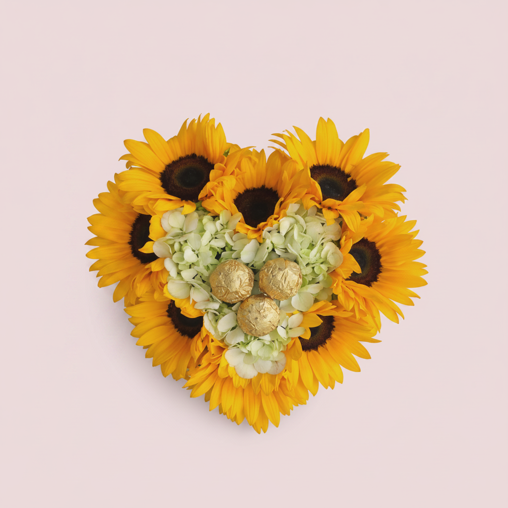 Corazón de Girasol con hortensias blancas y chocolates Ferrero Rocher