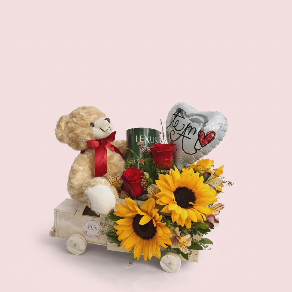 Carrito Sorpresa con girasoles, osito de peluche y globo te amo, fondo rosa pálido