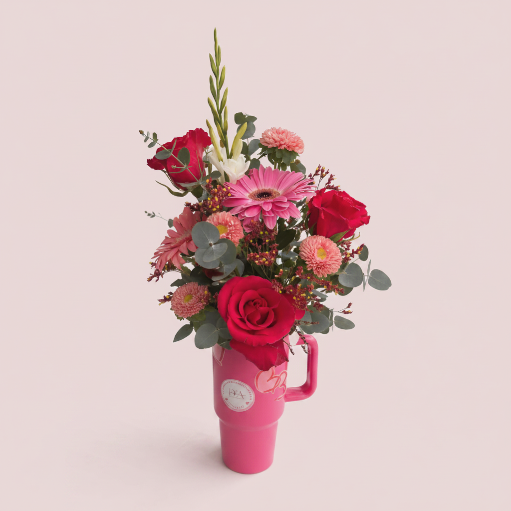 Telmo Floral - arreglo de rosas y gerberas en termo rosa personalizado